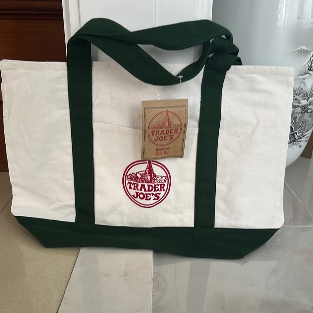 Trader Joe's Green and White Tote Bag
